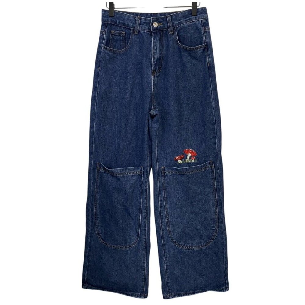 ROMWE Dark Blue Wide Leg Jeans with Red Mushroom Embroidery